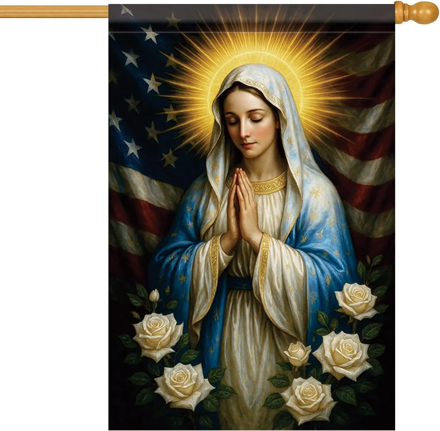 Christian House Flag 28x40 Inch Virgin Mary Garden Flag Double Sided Praying Mother Religious Banner USA Flag White Roses Ya jjp