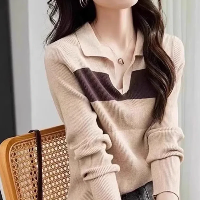 Autumn Winter Fashion POLO Collar Long Sleeve Patchwork Color Blocking Pullovers Women\'s Clothing Loose Korean Bottoming Shirts