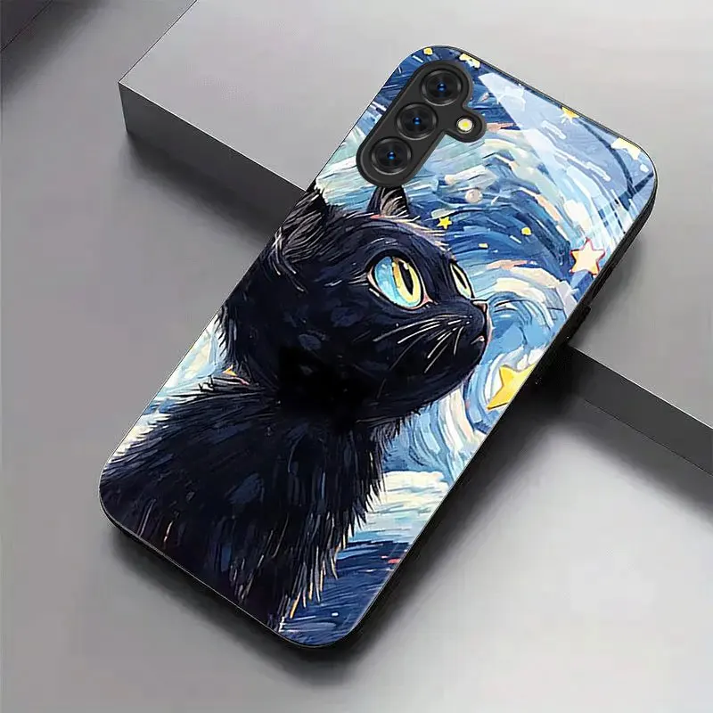 

Black Cat Pattern New Black Tempered Glass Phone Case for Samsung Galaxy S26/S25/S24/S23 Ultra /S22 Ultra/S20 /56/A72/A73 5G