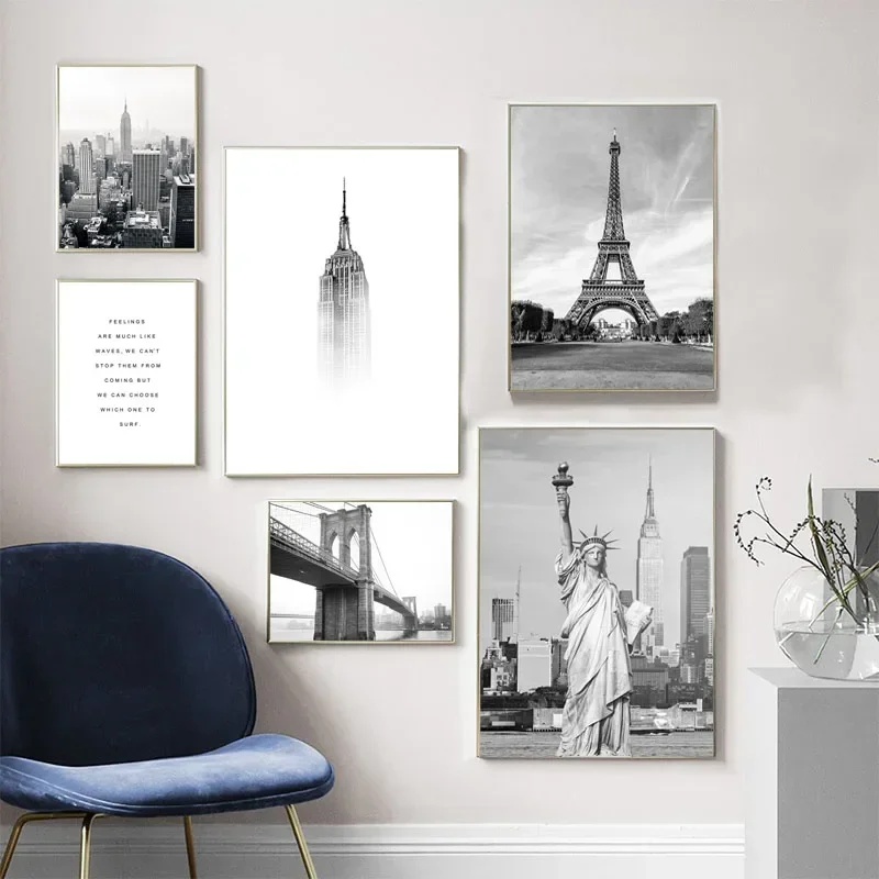 Wall Art Vintage Canvas Painting Statue of Liberty Bridge Paris Tower Nordic Posters and Prints Pictures for Living Room Deco