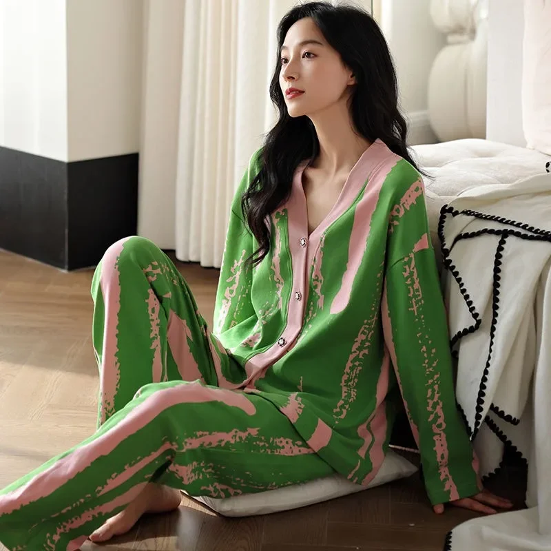 100% Pure Cotton Pajamas Women's Spring Autumn Long-sleeved Cute V-neck Korean Version Loose Suit Loungewear Can Be Worn Outside