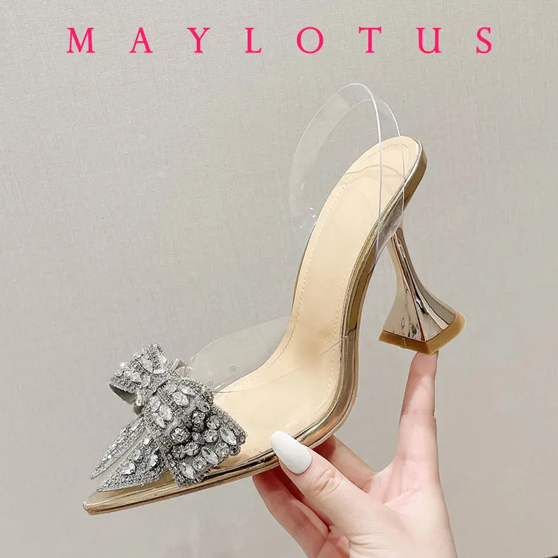 

2025 Fashion Crystal Sequined Bowknot Women Pumps Sexy Pointed Toe High Heels Wedding Prom Shoes Ladies PVC Transparent Sandals