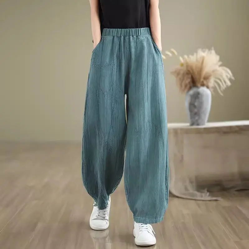 

Ramie Drooping Lantern Pants Summer Women's Ethnic Style Casual Loose High Waisted Retro Cotton Linen Trousers K1971