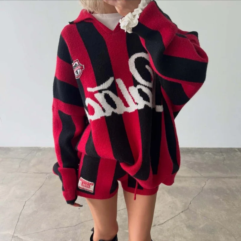 Women's Tracksuit Two Piece Short Set Polo Collar Long Sleeve Striped Color Block Sweater And Shorts Loose Fit Suit