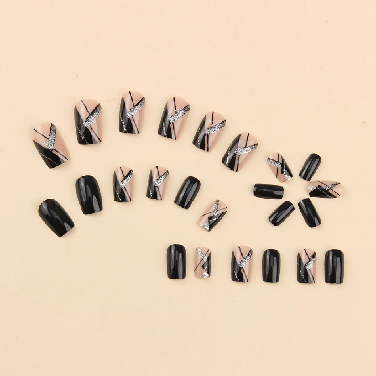 24Pcs Square Black Short Coverage Press On Nails Silver Stripe Fake Nails Reusable False Nail Shinne Star Wear Nails