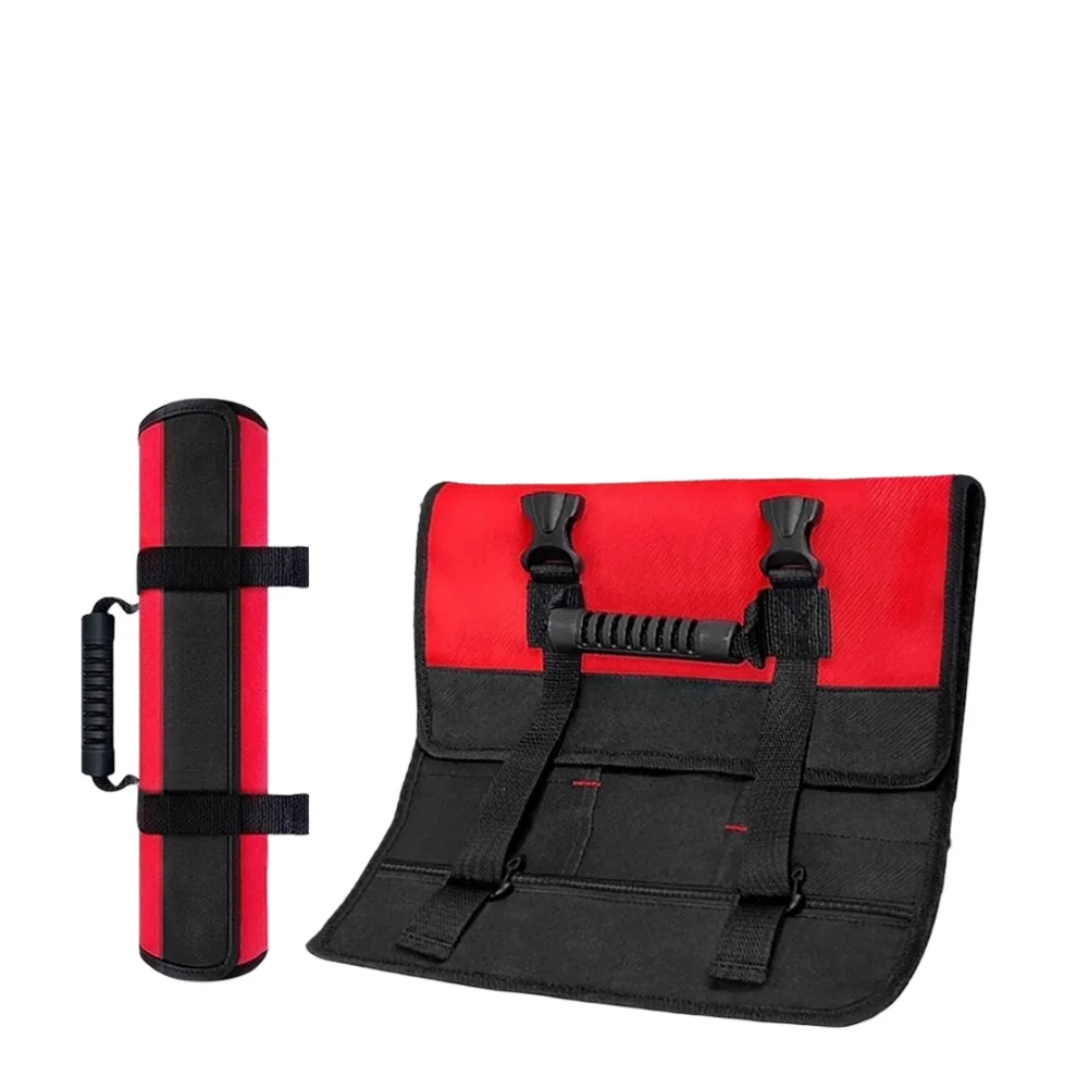 16 Pockets Roll Up Tool Bag for For electrician Construction Landscaping Gardening Use 1680D Waterproof Oxford Red