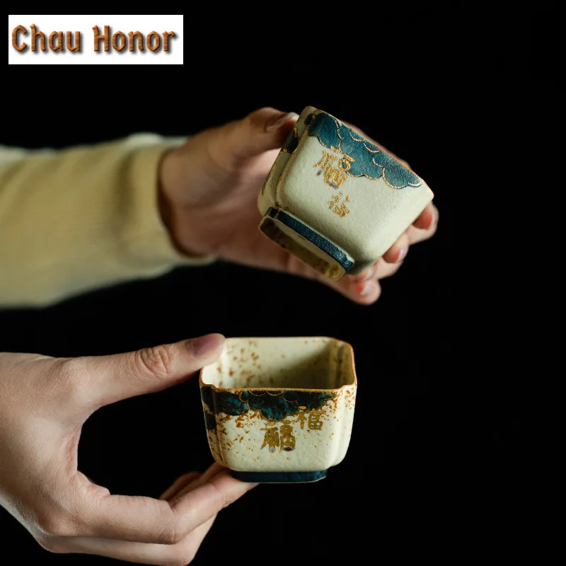 

90ml Handmade Gold Drawing Auspicious Clouds Teacup Blue And White Flint Red Master Cup Square Meditation Cup Taste Chazhan Gift