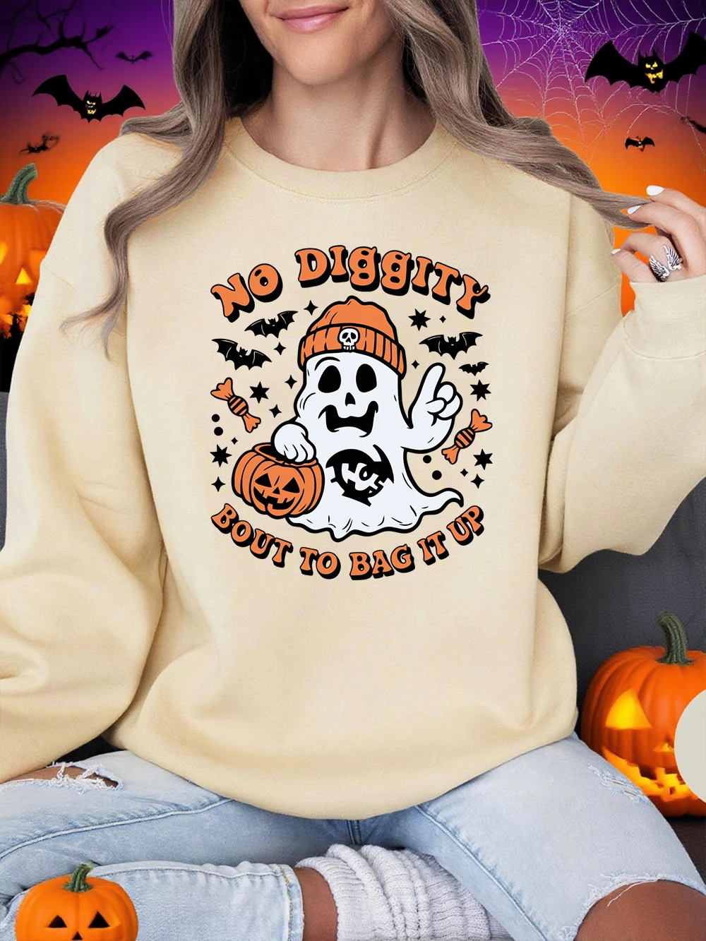 เสื้อสเวตเชิ้ตฮาโลวีนพิมพ์ลาย No Diggity Bout To Bag It Up สำหรับผู้หญิง ทรงหลวม สวมใส่สบาย มีฮู้ด ผ้าฟลีซ คอกลม เสื้อผ้าฤดูหนาวเนื้อนุ่ม