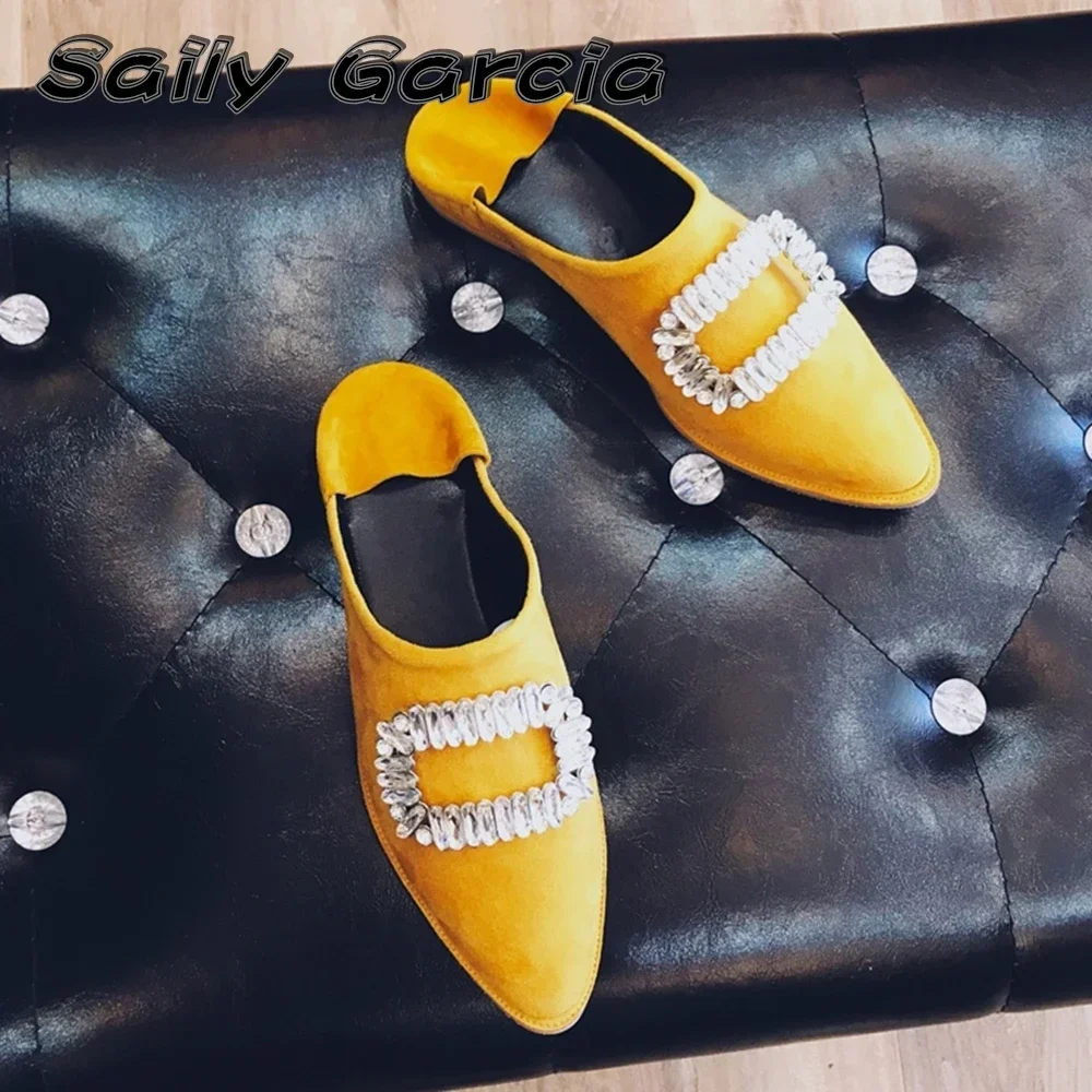 

Genuine Leather Square Crystal Women Mules Shoes 2023 New Year Wild Sexy Slip On Slippers Pointed Toe Shallow Flat Slides