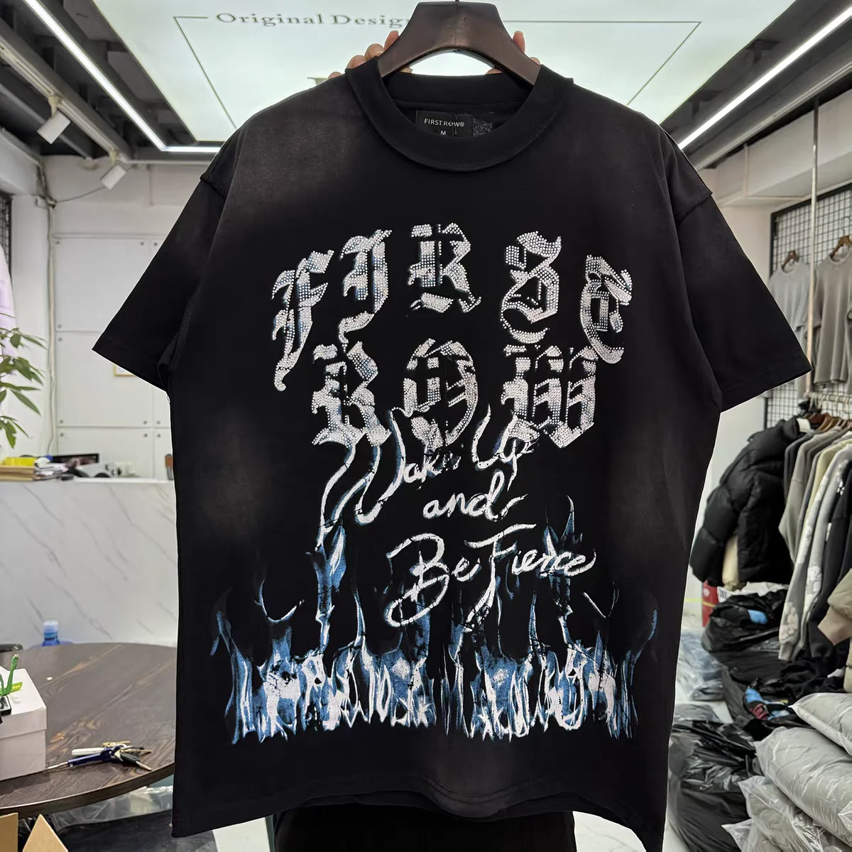 Heavy Fabric Unisex FIRST ROW WAKE UP AND BE FIERCE FLAME T-Shirt Men Women Tee Tops