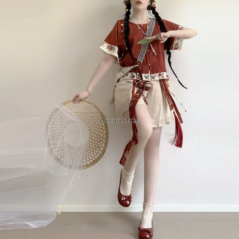 

2025 Современный улучшенный традиционный китайский женский ханьфу в стиле династии Сун: короткий рукав, круглый вырез, короткие брюки.