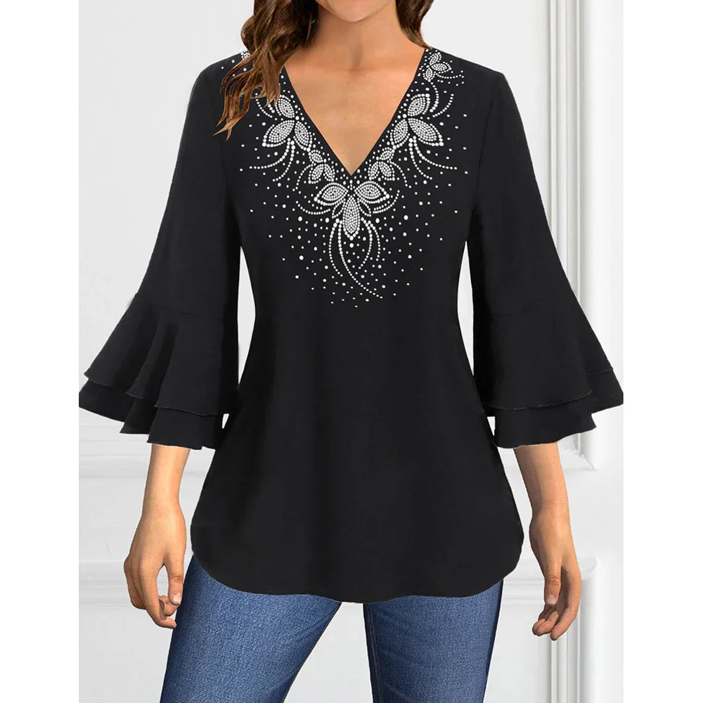 

Women’s Plus Size V-Neck Elegant Blouse Ruffle Long Sleeve Solid Hot Fix Spring Shirts Loose Casual Office Ladies Female Blouses