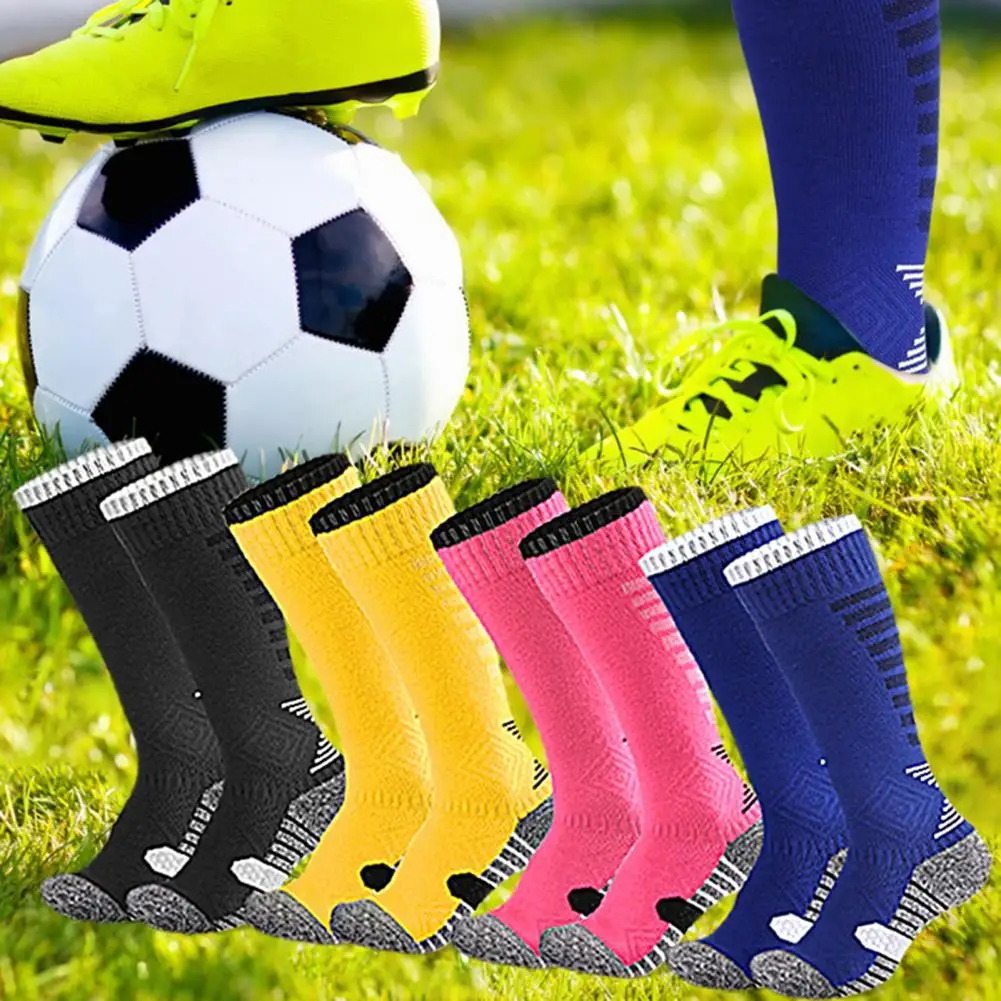 Terry Bottom Long Socks Kids Soccer Compression Socks with Anti-slip Bottom Moisture Wicking Technology Long Tube for Sports