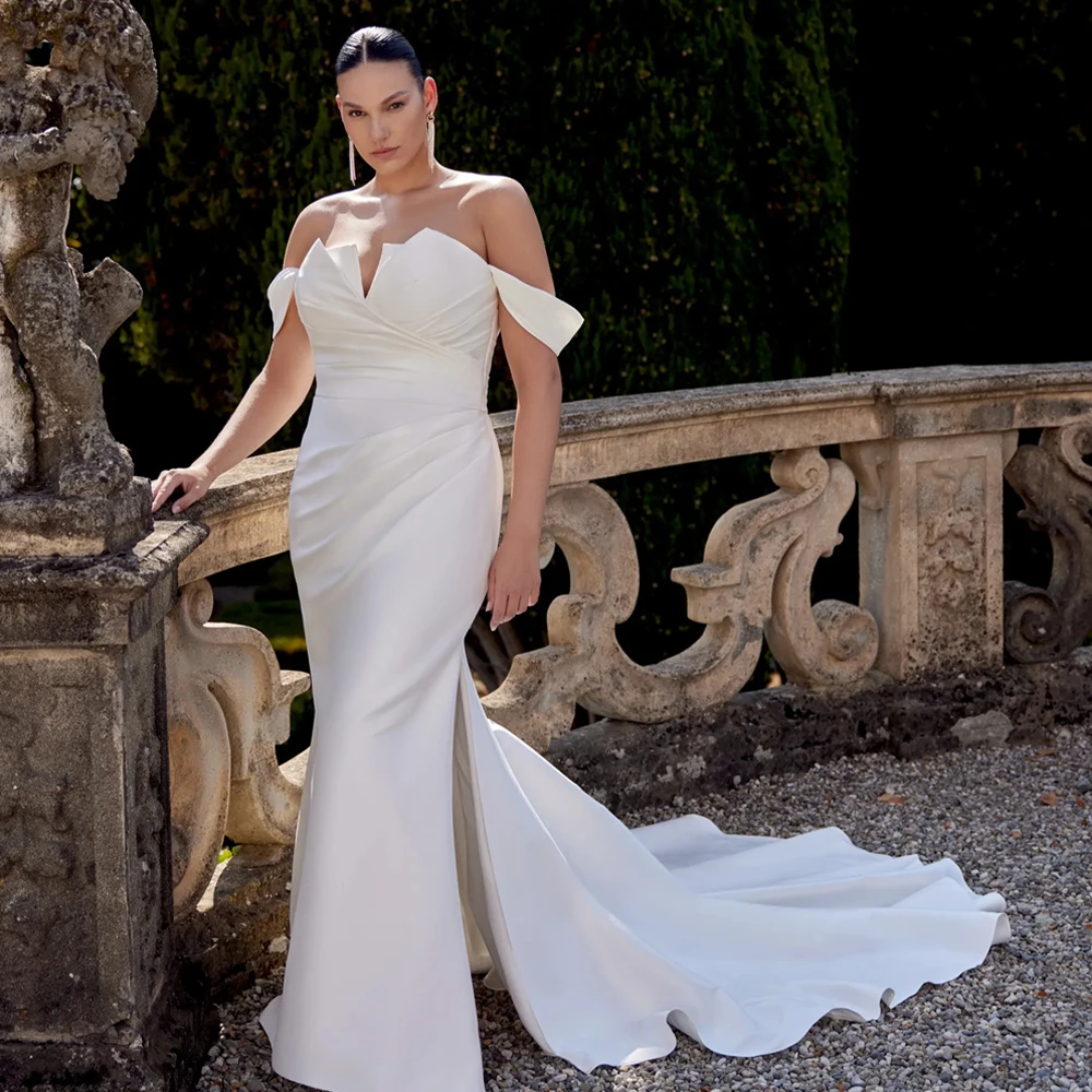 

Elegant Off The Shoudler Ruched V-neck Mermaid/Sheath Wedding Dresses Side Slit Custom Made Bridal Grown 2025 Vestido De Noiva