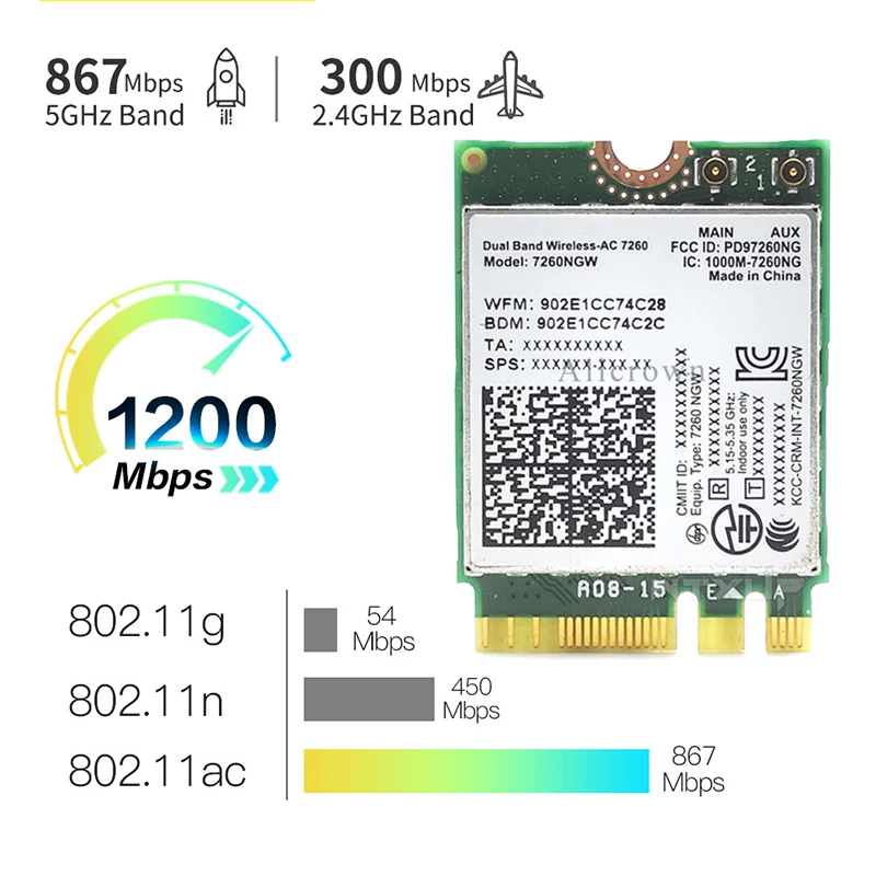 7260NGW M.2 Kartu Nirkabel Wifi 1200Mbps Dual Band 2.4G 5G Bluetooth 4.0 802.11AC Kartu Adaptor dengan Antena untuk Laptop Desktop