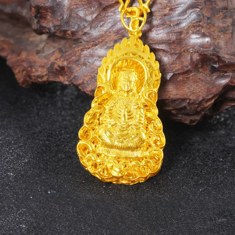 9999 24K real gold men's jewelry Fried Dough Twists necklace with hollow Guanyin golden Buddha