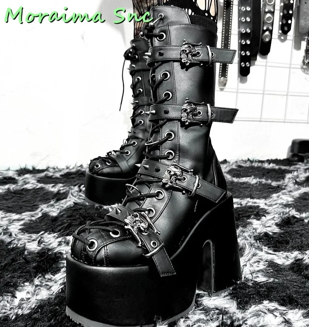 

Platform Blet Buckle Mid Calf Boots Lace Up Side Zipper Block High Heel Round Toe Women Shoes Winter Fashion Punk Style Black