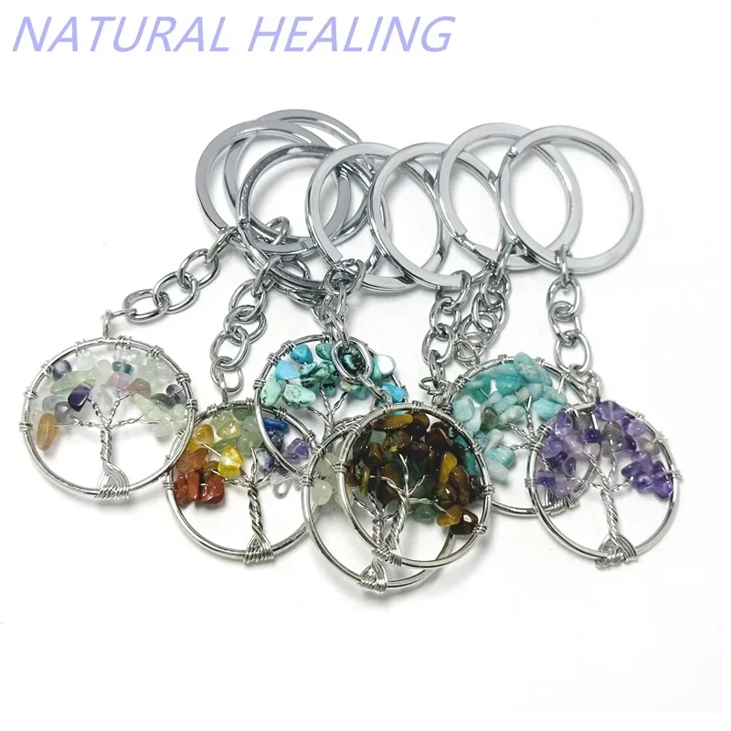 10pcs Women Natural Chip Quart Stone Bead 30mm Heart Round Tree of Life Keychains Lanyard Wholesale Key Rings