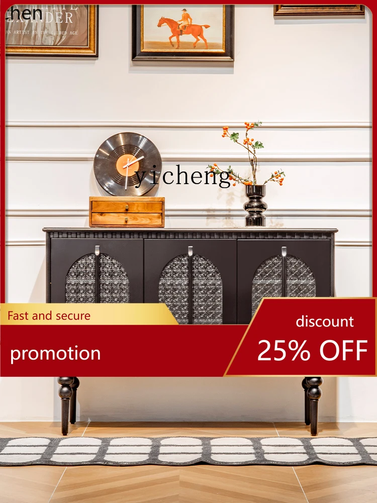 

YFY American Retro Style Sideboard Begonia Glass Entryway Cabinet Arched Door Vintage Decorative Cabinet