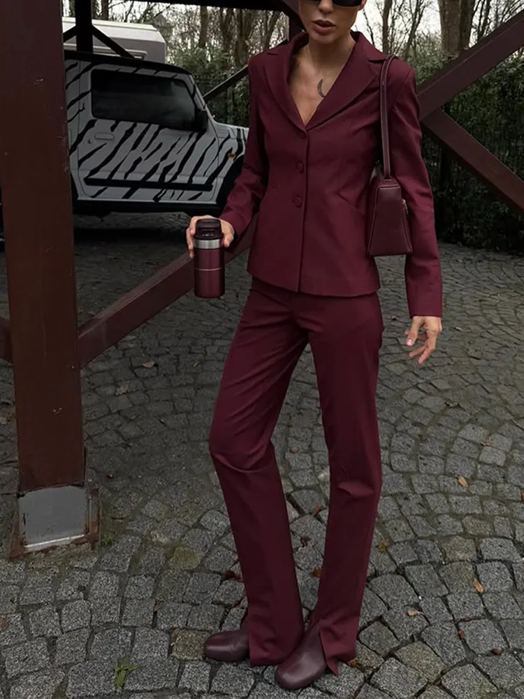 Women's Vintage Burgundy Pants Split Suits Chic Lapel Collar Single Breasted Shoulder Pad Set New Lady Office Commuting Outfit