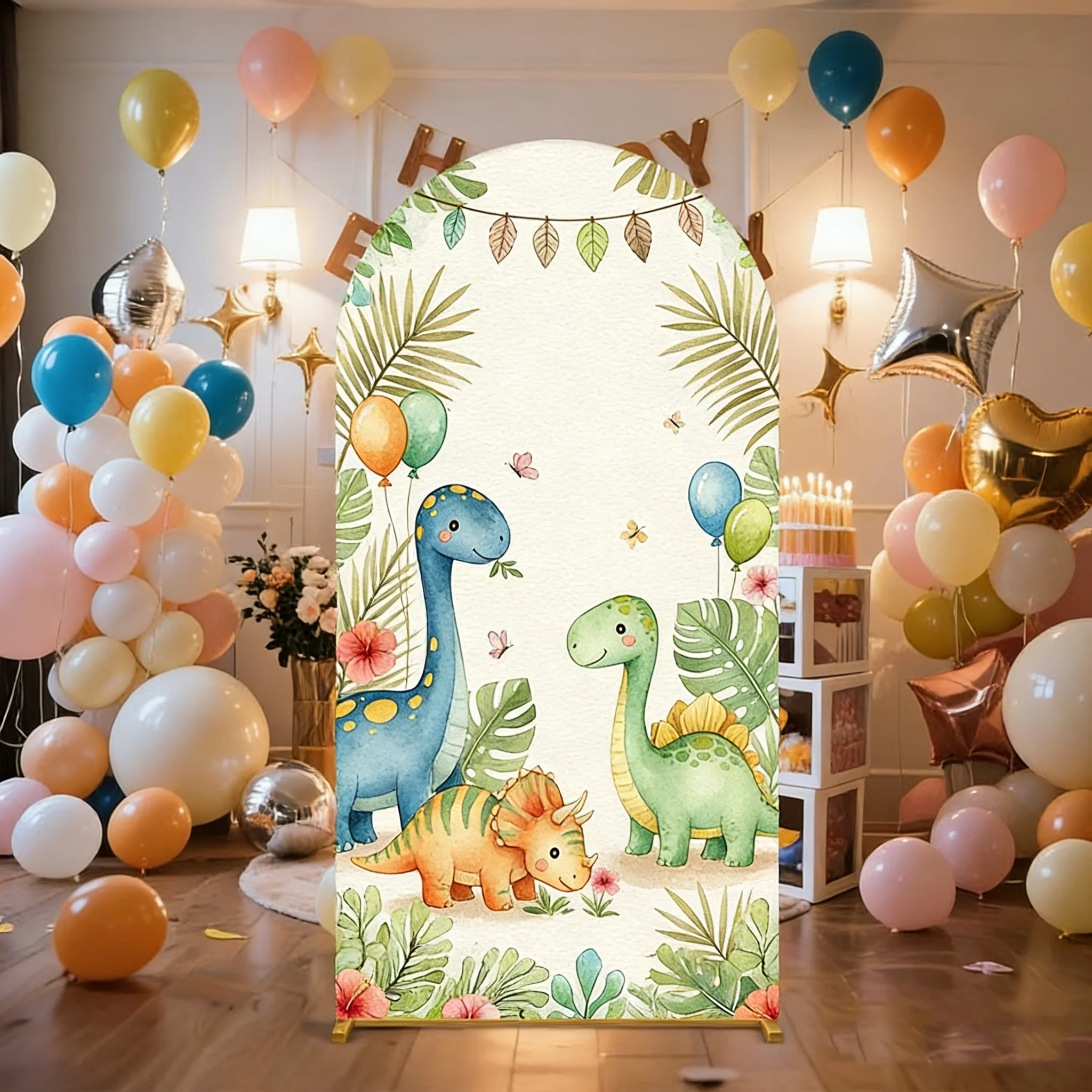 LS 2-Sided Arch Cover Cute Cartoon Dinosaur Backdrop Baby Shower Arch Wall Kids 1st Birthday Party Prom Backgrounds Studio