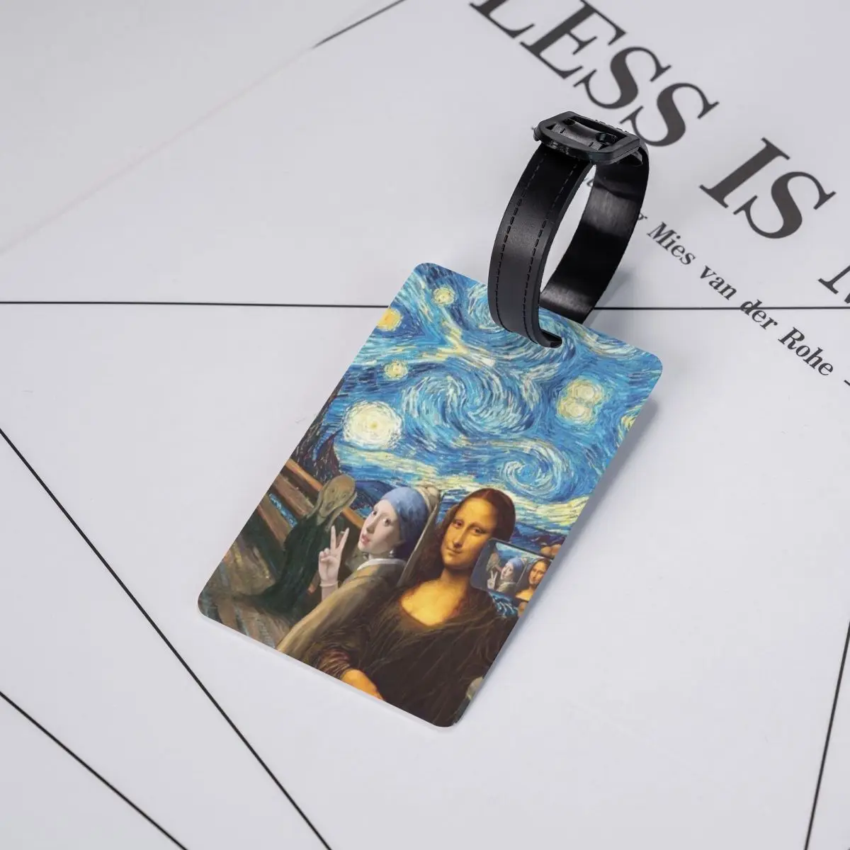 Etiqueta de bagagem personalizada noite estrelada por mona lisa e vincent van gogh arte de privacidade pintura etiquetas de bagagem etiquetas de bolsa de viagem mala