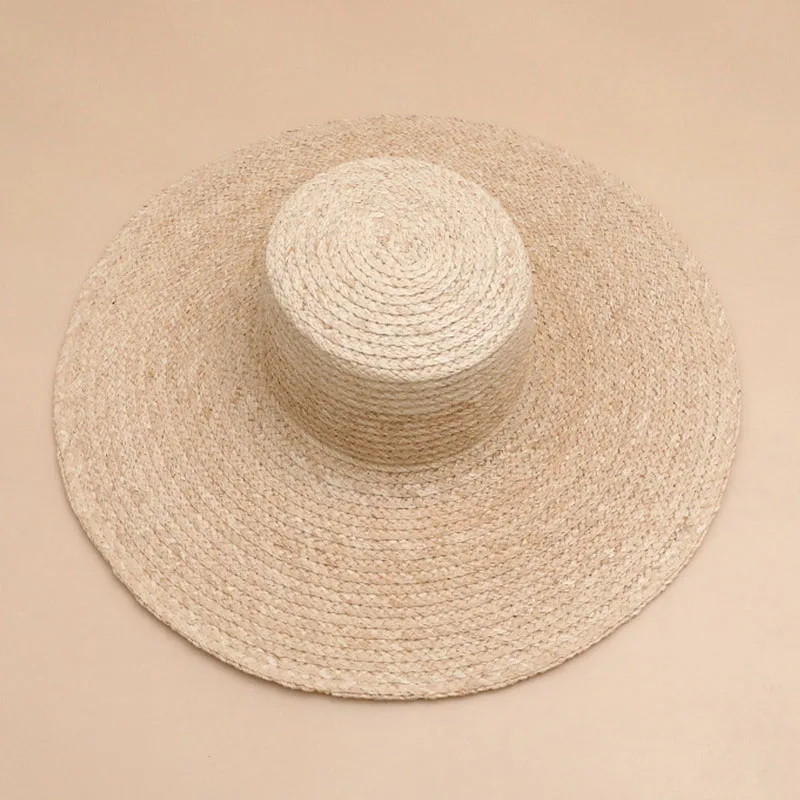 

Large Brim Raffia Hat Flat Top Boater Hats Packable Summer Hat for Women Sun Hat Beige Vacation Beach Hat