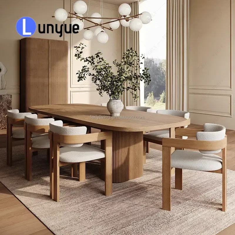 Luxury Modern Solid Oak Wood Dining Table and Chair Set 8 Seats Customizable Furniture for Home Hotel Villa Restaurant