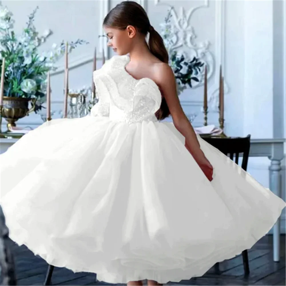 

Flower Girl Dress White Short Single Sleeved Fluffy Sequin Crystal Embellishment Wedding Children GIft First Communion Gowns