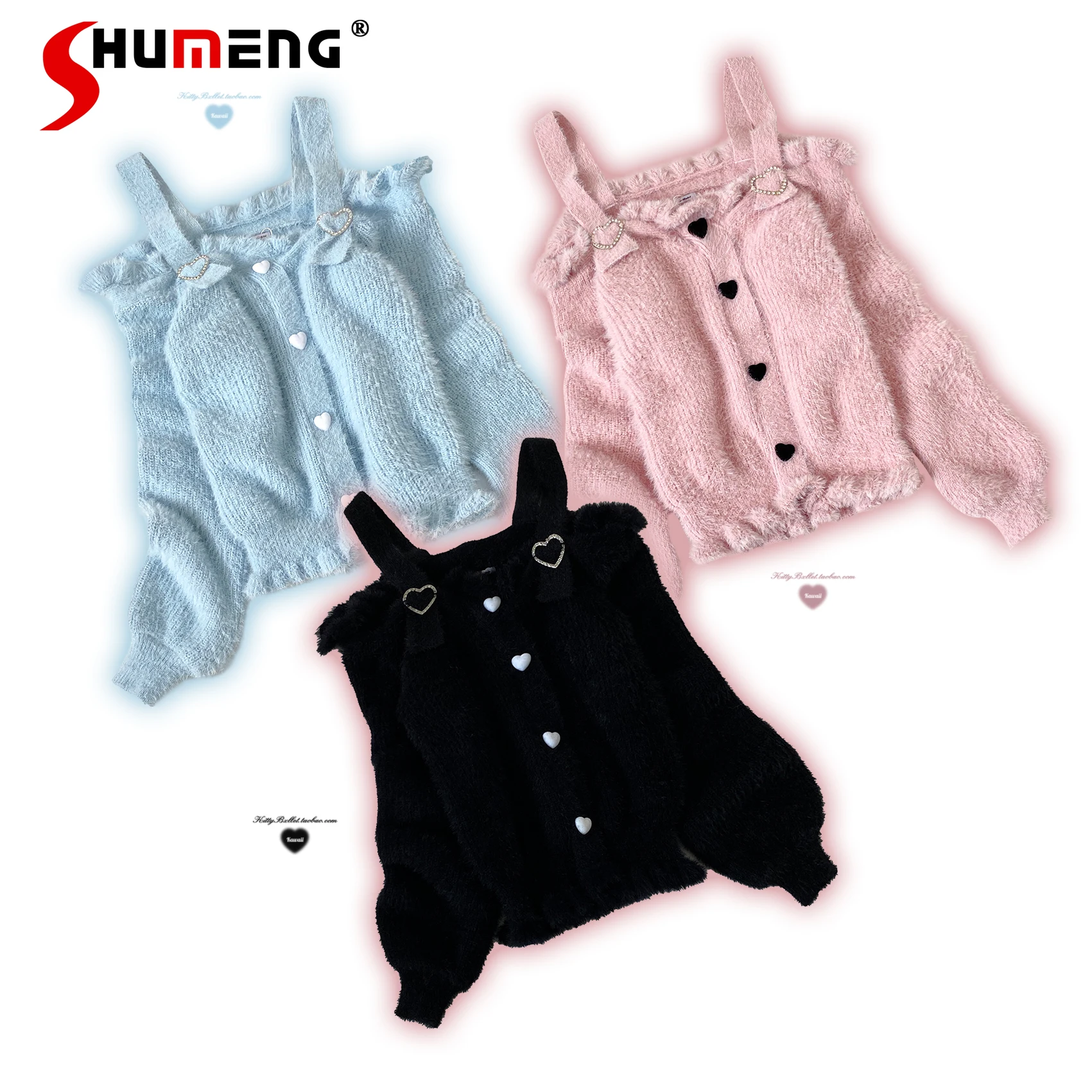 Japanese Mine Style Off-shoulder Long Sleeve Heart Buckle Single-breasted Loose Sweet Knitted Sweaters Cardigans Women Autumn