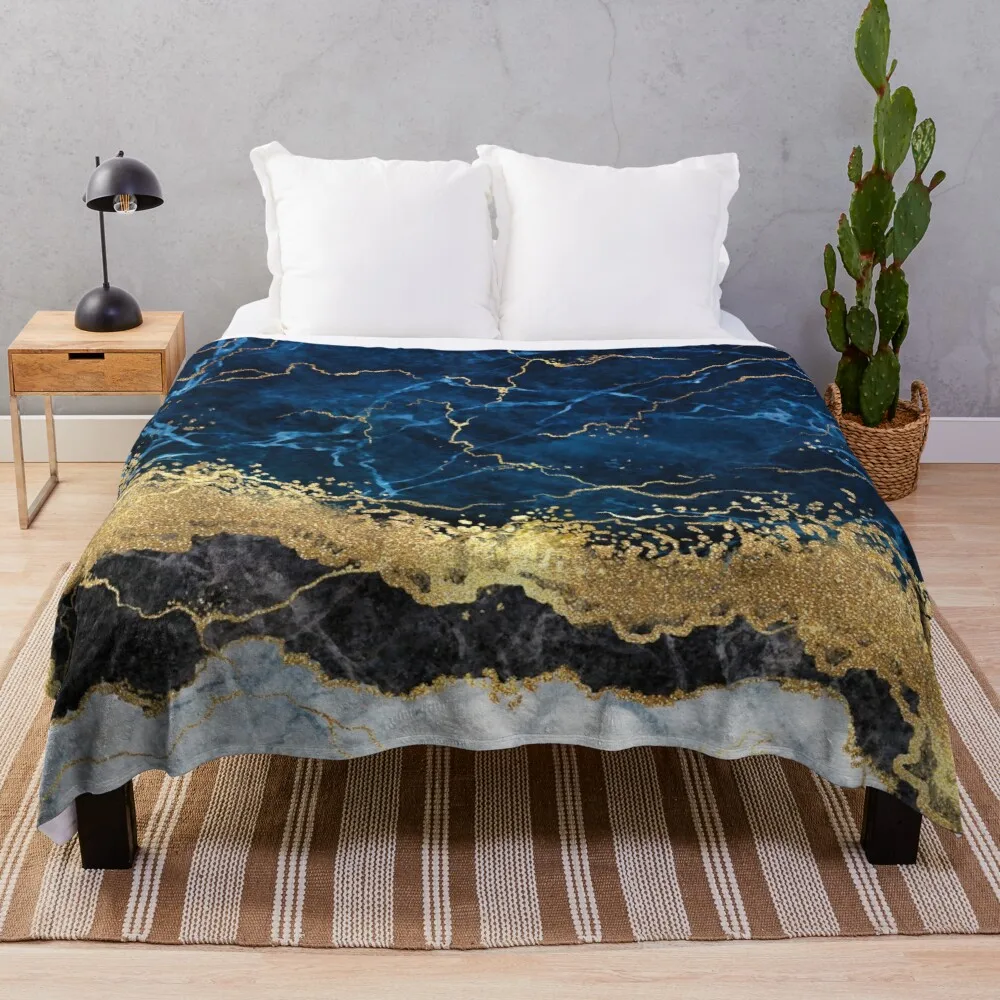 

Navy Blue Ripples + Gold Spatter Painting, Marbled Watercolor Abstract Art Throw Blanket Flannels