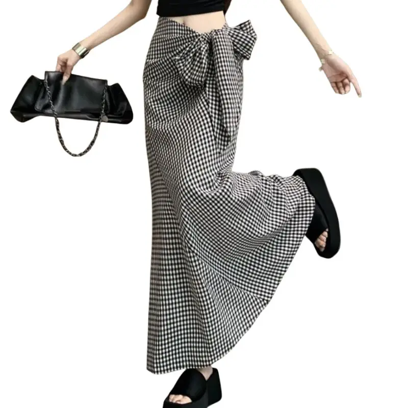 Mode Sexy Front Bowtie Rokken Voor Vrouwen Hoge Taille Rok Elegante A-lijn Geruite Rok Vrouwen Lange Zomer Saia Feminina