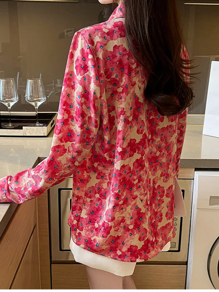 #3183 Blue Pink Vintage Long Sleeve Shirt Women Full Floral Printed Long Sleeve Shirt Femme Loose Thin Chiffon Blouse Femme