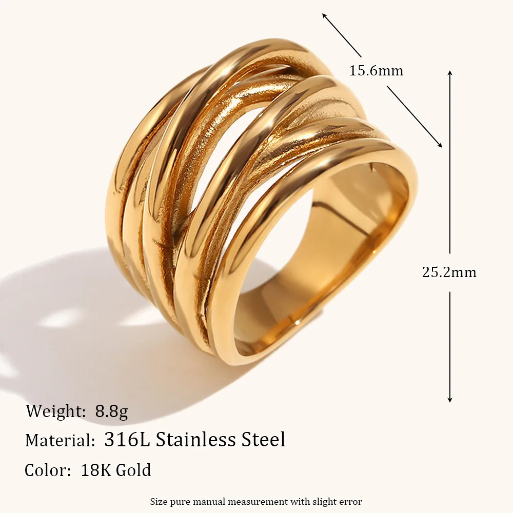 Miranda Stainless Steel Multi Strand Chunky Ring Gold Color Fashion Metal Smooth Ring Texture Chic Jewelry for Women New