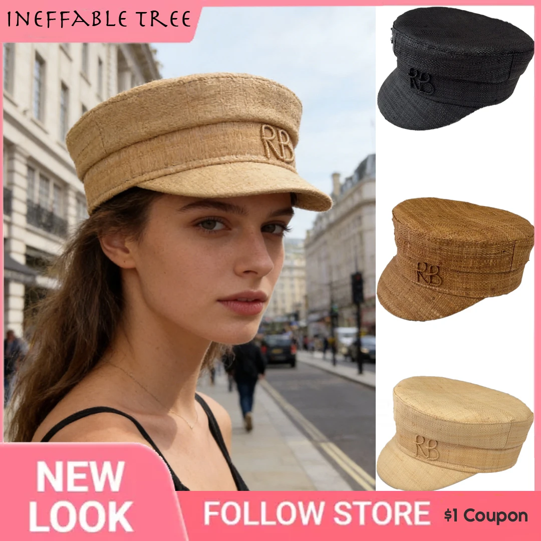 

British Women’s Straw Newsboy Cap Summer Flat Top Sun Hat Spring Summer Raffia Handmade Monogram Embellished Baker Boy Cap