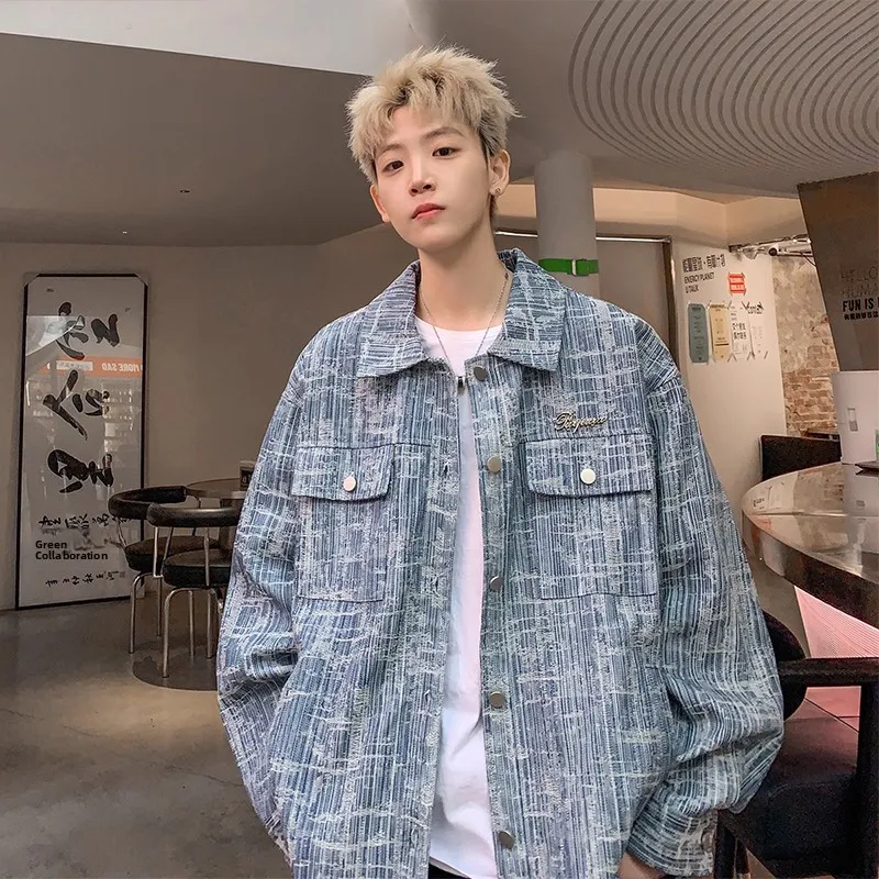 

Vintage American Baroque Plaid Denim Jaet Men's Spring Autumn High-End Sensation Small Fraance Sle Loose Fit Outerwear