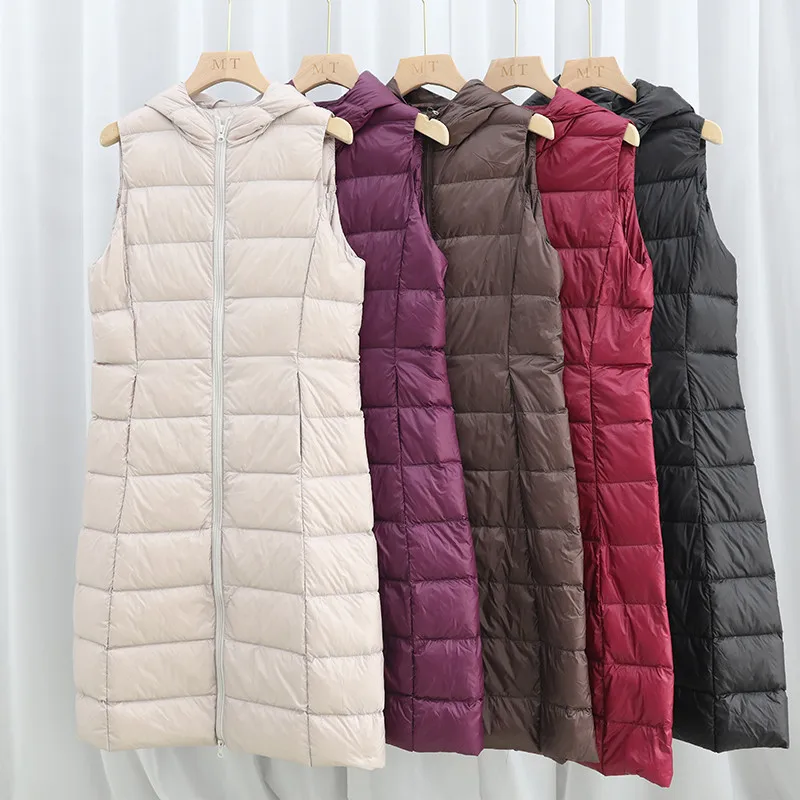 Ultra Light White Duck Down Vest Jacket Autumn Winter Ladies Casual Long Hooded Waistcoat Coat Women Slim Sleeveless Tank Parkas
