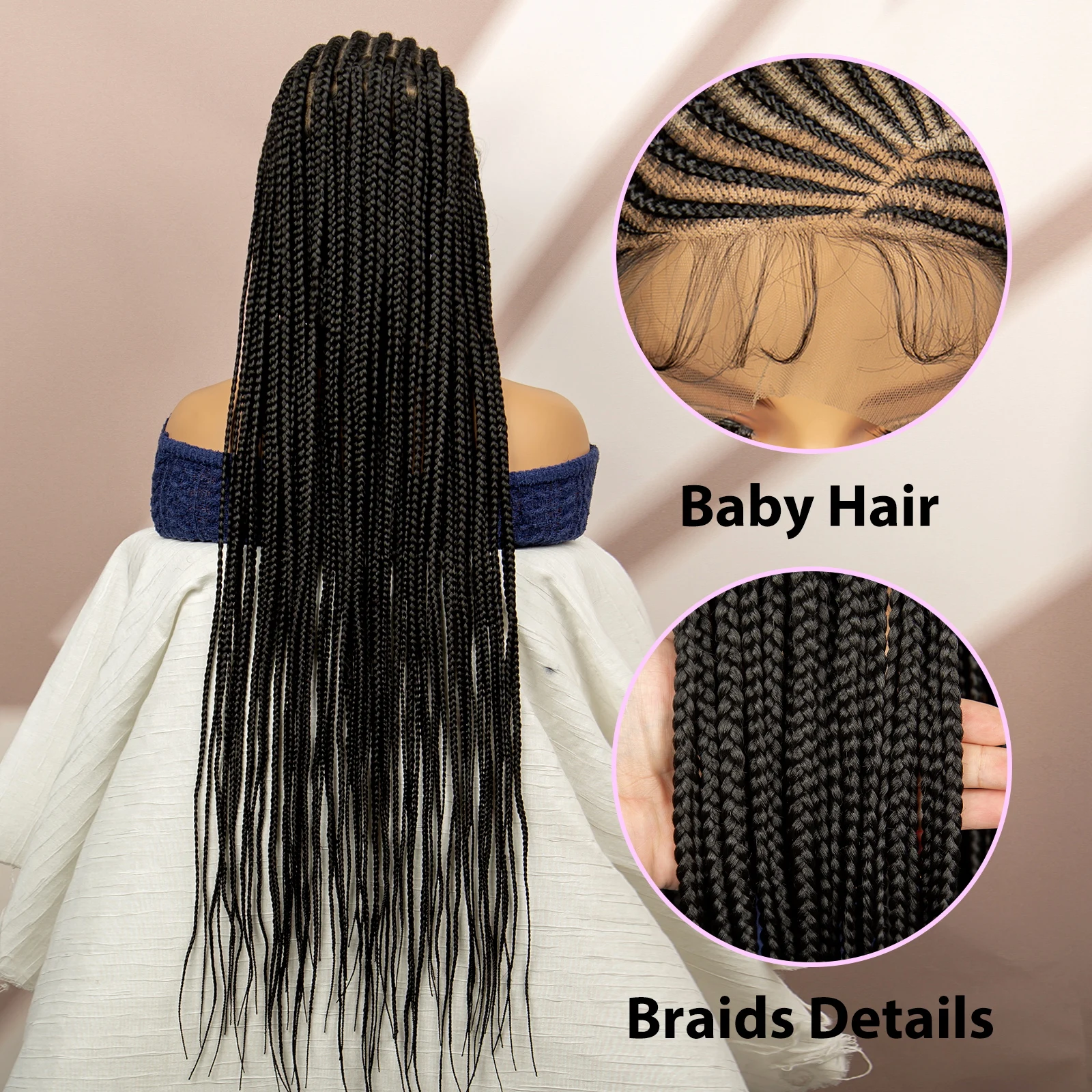 36-Inch Synthetic Cornrow Braided Wigs Natural Look Full Lace Synthetic Braided Wigs for Black Women with Baby Hair