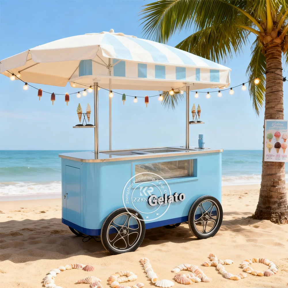 Ice Cream Sales Display Freezer Mobile Ice Cream Cart Van Truck Stainless Steel Rust Resistant Hotdog Food Outdoor