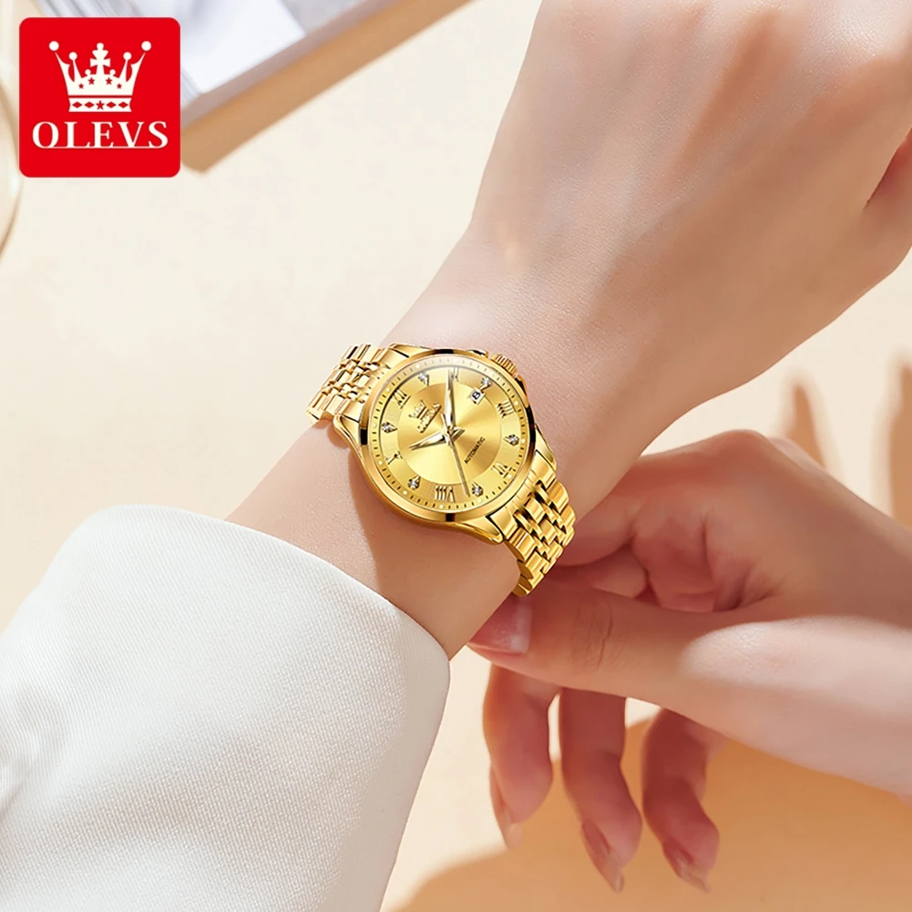 OLEVS 6702 نساء ميكانيكية ساعة أوتوماتيكية فاخرة ساعة ماسية مقاوم للماء مضيئة التقويم المرأة فستان طقم ساعات Reloj Mujer