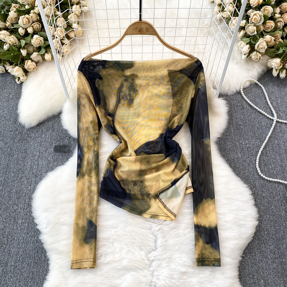 

French Socialite One Shoulder Exposed Collarbone T-Shirt For Women's Fashion Tie Dye Printing Irregular Slim Fit Short Mesh Top
