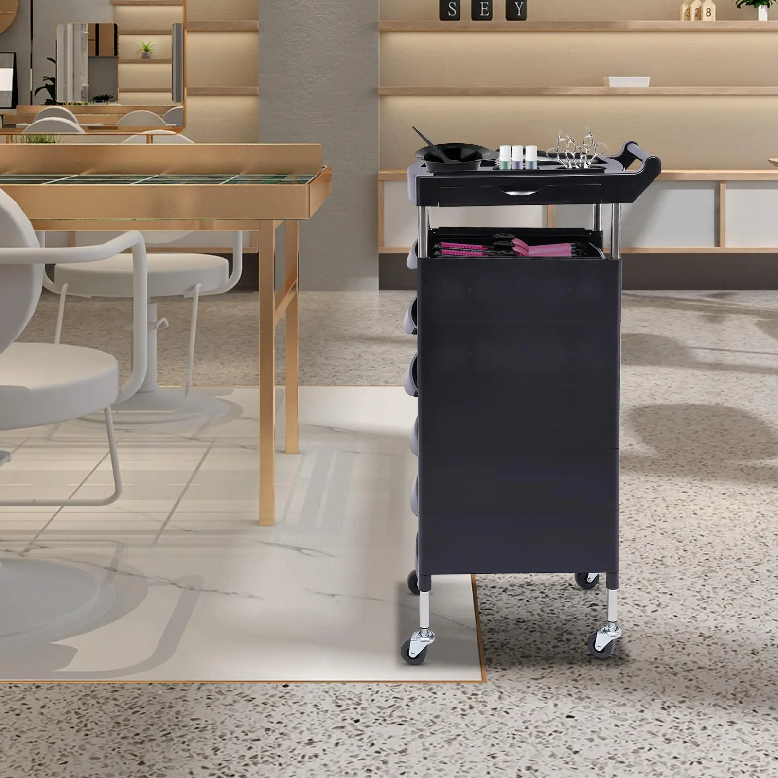 Friseursalon-Aufbewahrungswerkzeugwagen, Schrank für Schönheitssalons, Trolley mit 5 Schubladen, Ausrüstung, Rollwagen, Tablett, Aufbewahrungsstation für Haarstyling