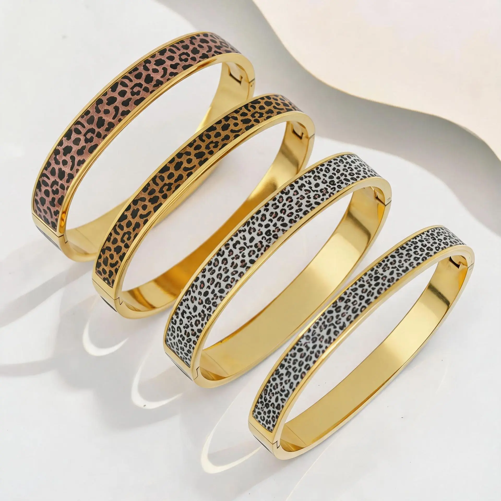 18K Gold Plated Stainless Steel Enamel Leopard Print Bracelet for Women Waterproof Anti Tarnish Trendy Cuff Bangle Jewelry Gift
