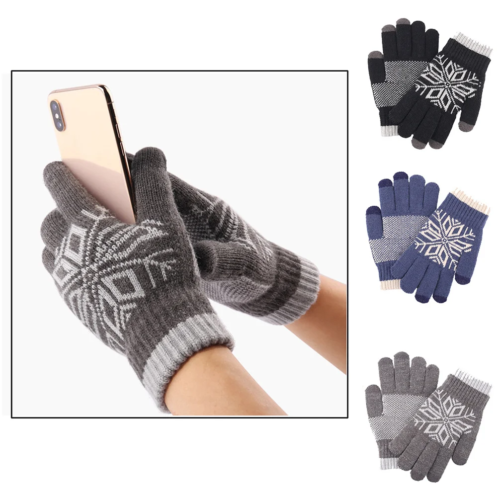

Screen Wool Thick Knitted Warm Anti-Slip For Outdoor Riding Cycling Black Jacquard Simple Warm Gloves Gloves
