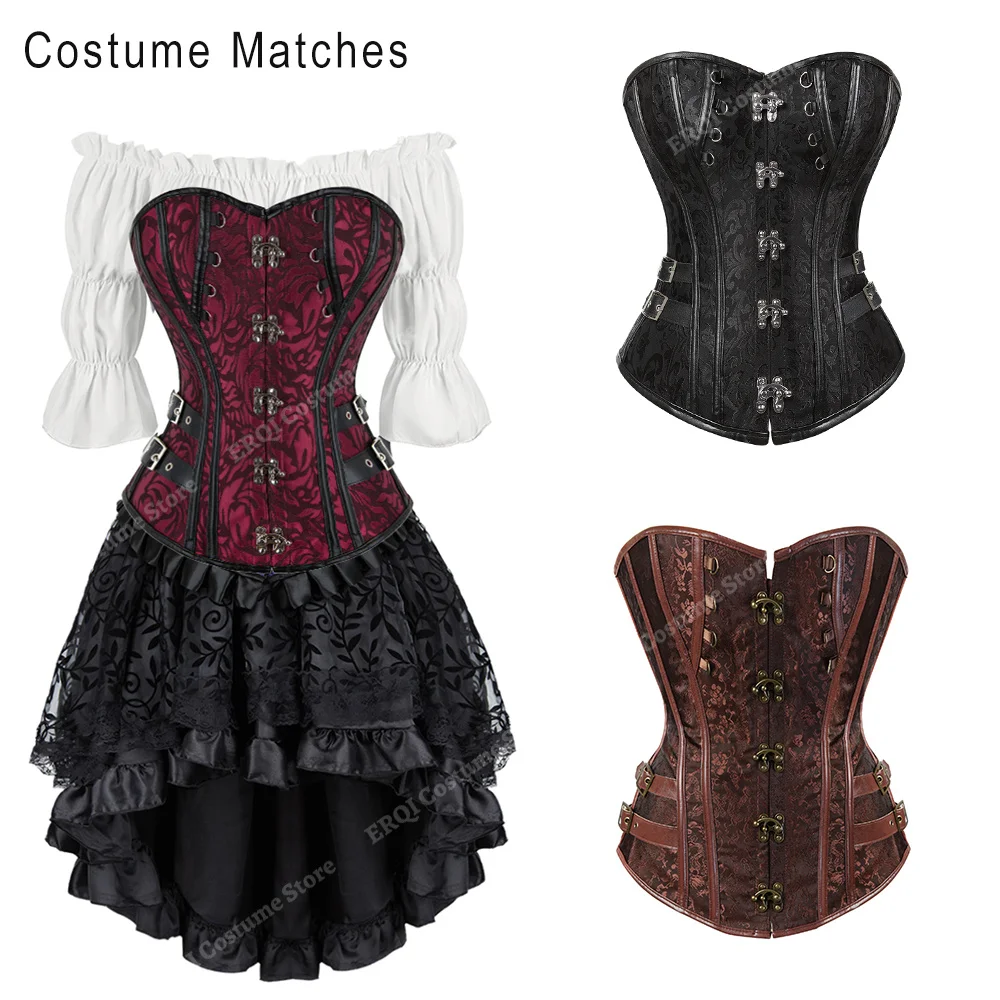 Steampunk-Korsett für Damen, Übergröße, Piraten-Korsett, Oberteil, Überbrust, Halloween, Schnürkostüm, Gothic, Steampunk-Korsett, Metallic, Rot, Braun – Detail 2