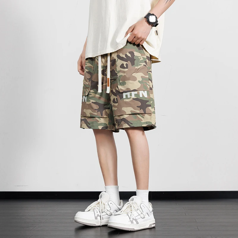 Summer Men\'s Clothing Elastic High Waist Pockets Camouflage Geometric Bandage Casual Workwear Trousers Vintage New in Shorts