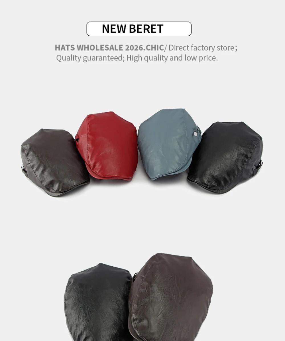 HT5127 Herbst-Winter PU-Leder Kappen für Herren und Damen, Künstler-Mütze, Unisex Ivy Flat Cap, Verstellbare Baskenmütze – Detail 2