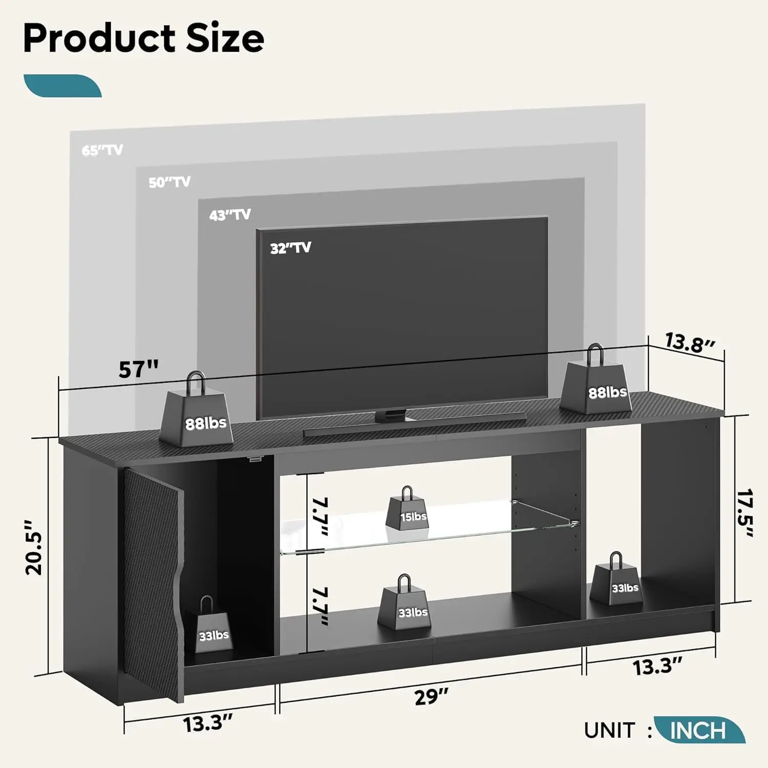 LED TV Stand for 55/60/65 Inch TV, Gaming Entertainment Center with Cabinet for PS5, Xbox,Modern TV Cabinet with