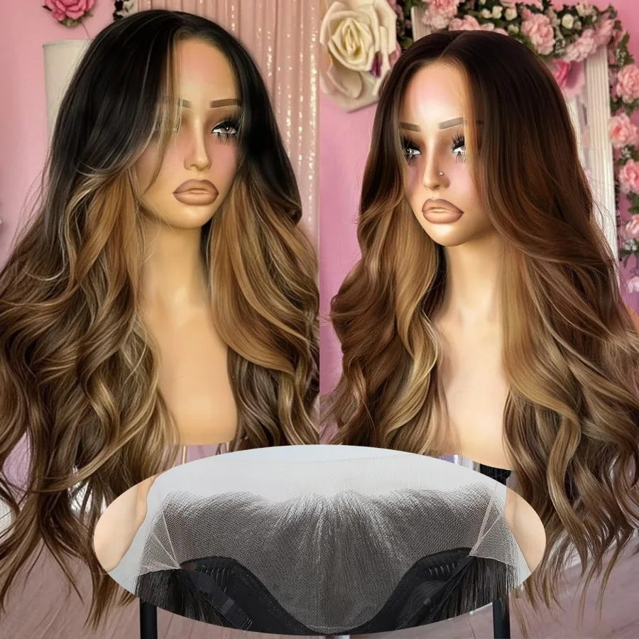 الاصطناعية 13x4 HD الدانتيل الجبهة الباروكات للنساء السود تسليط الضوء على مزيج براون شقراء الطبيعية متموجة 26 بوصة غلويليس شعر مستعار جاهز للارتداء Pr #1