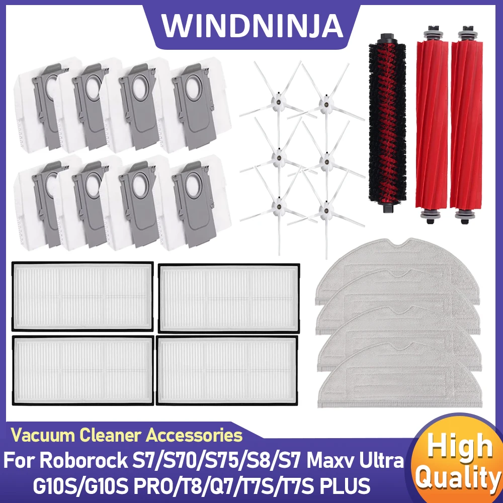 

Мешки для пыли, основная боковая щетка, ткань для швабры, детали HEPA-фильтра для Roborock S7/S70/S75/S8/S7 Maxv Ultra/G10S/G10S PRO/T8/Q7, робот-пылесос